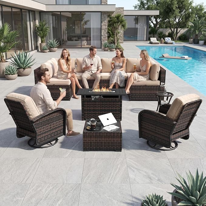 Aoxun 11 Piece Outdoor Patio Furniture Set with 44'' Fire Pit Table, Wicker Rattan Outdoor Furniture with High Back Swivel Rocker Chairs, Outdoor Sofa Set with Thick Cushion & Side Table, Beige