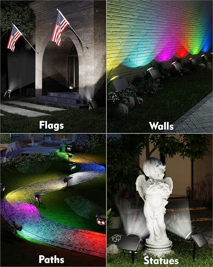 Solar Spot Lights Outdoor Waterproof IP68, RGB Colors Changing Solar Lights with 4 Lighting Modes, Solar Powered Lights Outdoor for Garden Yard Pathway Landscape (4Pack)