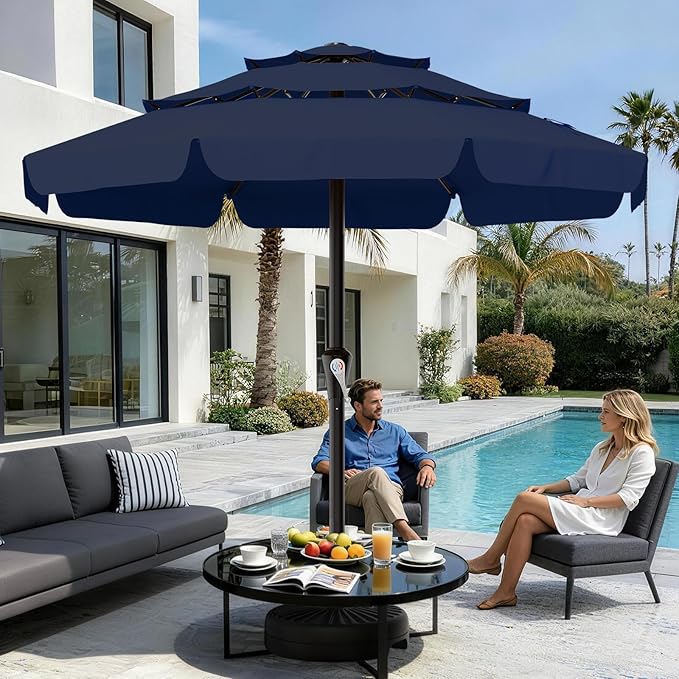 AreShark 11FT 3-Tiers Patio Umbrella with Valance, Outdoor with Crank, Large Outdoor Market Umbrellas Vented with 8 Sturdy Ribs, Patio Table Umbrellas for Garden, Deck, Backyard, Pool, Navy