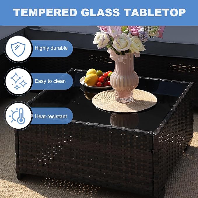 7 Pieces Patio Furniture Set, Wicker Outdoor Conversation Sets with Tea Table, Rattan Patio Sofa with Thick Cushions for Garden, Backyard Porch, Poolside, Patry, Gray