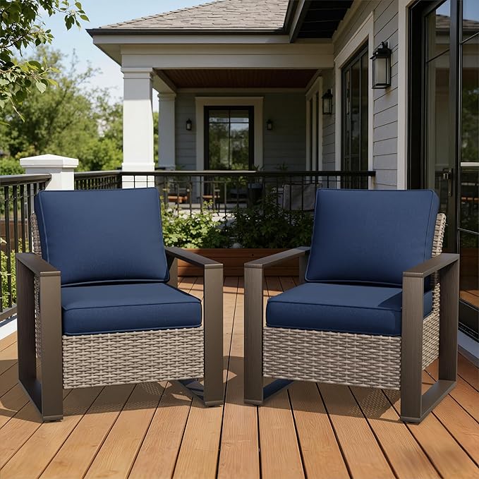 Joyside Outdoor Patio Chairs Set, 2 Pieces Wicker Rattan Chairs with Metal Wide Armrest, Thick Cushions and Deep Seating for Garden, Backyard, Porch, Deck