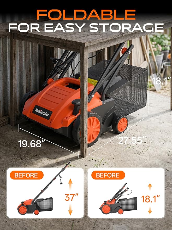 MAXLANDER 13 Inch 12 Amp Electric Dethatcher and Scarifier, 2-in-1 Lawn Dethatcher with 4-Position Depth Adjustment, 30L Removable Collection Bag, Airboost Technology Increases Lawn Health
