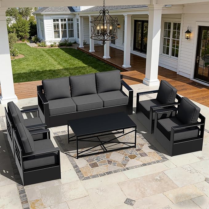 Outdoor Aluminum Furniture Set, 6-Piece Patio Conversation Set, 4 Chairs 1 Sofa and 1 Table, All-Weather Metal Frame, 6" Thick Removable Cushions, Deep Setting for Garden, Poolside and Porch
