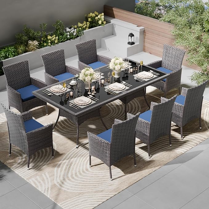 Kullavik 10 Pieces Outdoor Dining Set Patio Rattan Furniture Set,Patio Dining Table and Chairs Set with 8 Chairs and Cushions,Square Glass Tabletop with Umbrella Hole for Patio,Backyard,Navy Blue