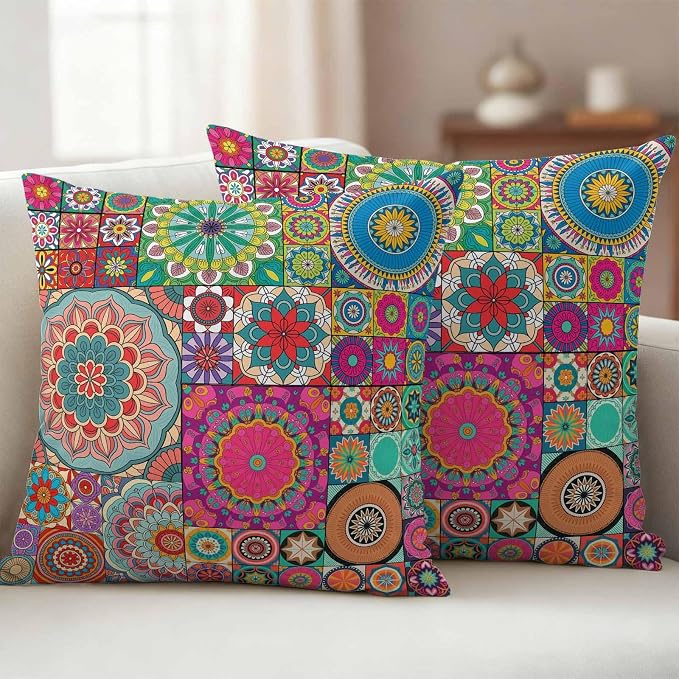 Colorful Ethnic Outdoor Pillow Covers 18x18 Inch Throw Pillow Covers Set of 2 Waterproof Decorative Pillow Cases National Modern Geometric Red Green Cushion Covers for Patio Furniture Garden Couch