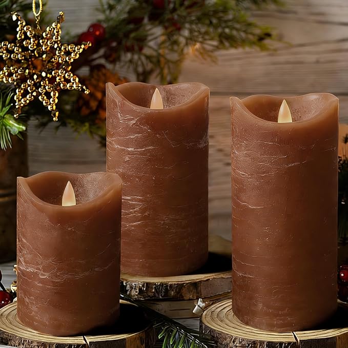 Real Wax Flameless Candles Set of 3 (D 3" x H 4" 5" 6") Battery Operated LED Candle with Timer Home Decorative Pillar Flickering Lights,Wedding Party Events Decor,Brown