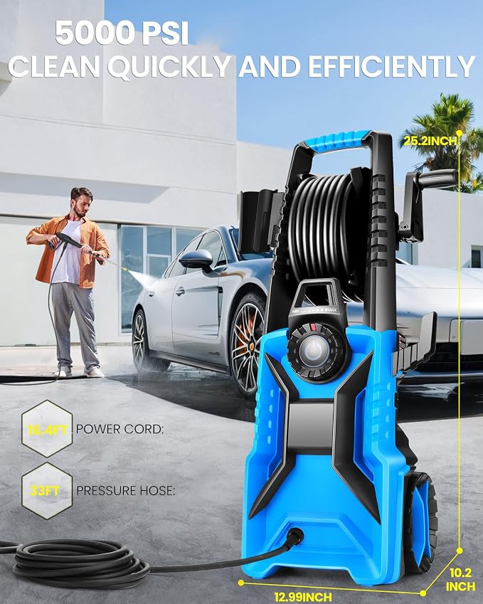Electric Pressure Washer,5000 PSI 3.6GPM Adjustable Pressure,Power Washer Electric Powered with Foam Cannon,4 Nozzle,33FT Hose and Soap Bottle for Home/Cars/Fences (Blue)