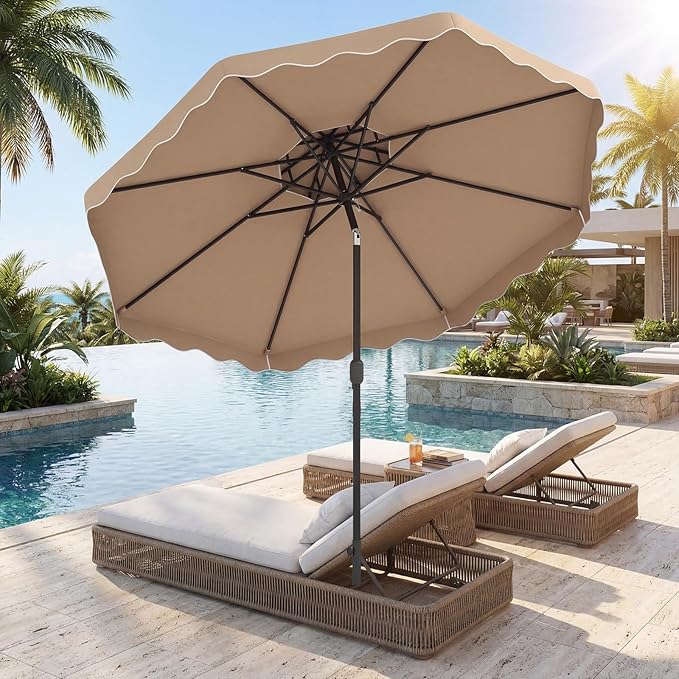 Happygrill 9 FT Patio Umbrella, Scalloped Outdoor Table Market Umbrella with Push Button Tilt & Crank, 2-Tier Vented Top, Heavy-Duty 8 Metal Ribs, Sun-Protective Canopy, Ruffle for Deck Pool Garden (Brown)
