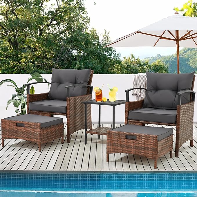 AVAWING 5 Pieces Wicker Patio Conversation Set, Outdoor Rattan Chairs with Ottoman, Metal Coffee Table, & Cushions, Outside Furniture Sets for Garden, Deck, Backyard, Poolside(Dark Grey)