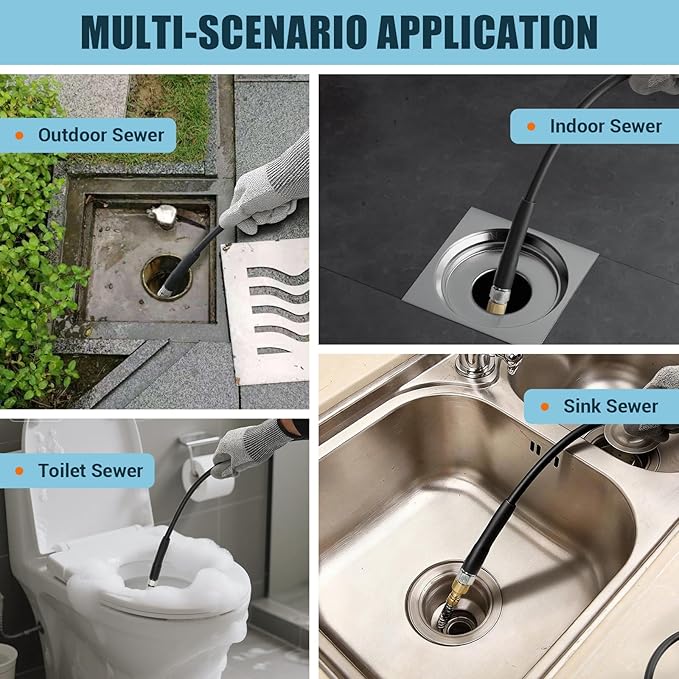 Sewer Jetter Kit for Pressure Washer 50FT, 5800 PSI Power Washer Drain Jetter Cleaner Hose with 1/4 Inch NPT Corner Rotating Nozzle and 4 Different Button Hose Sewer Jet Nozzles Cleaning Sewage Pipes
