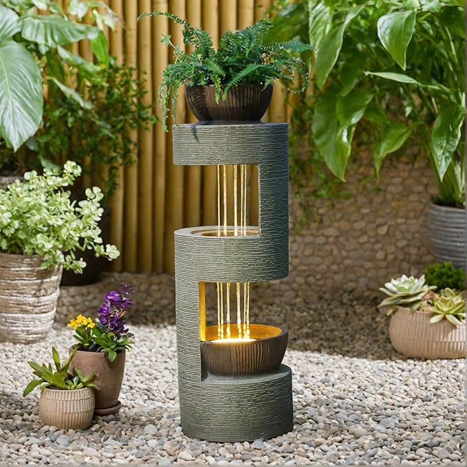 38" Outdoor Water Fountain with Waterfall & LED Lights Freestanding Garden Water Fountain for Patio/Backyard Resin Tiered Fountains with Pump, Brown