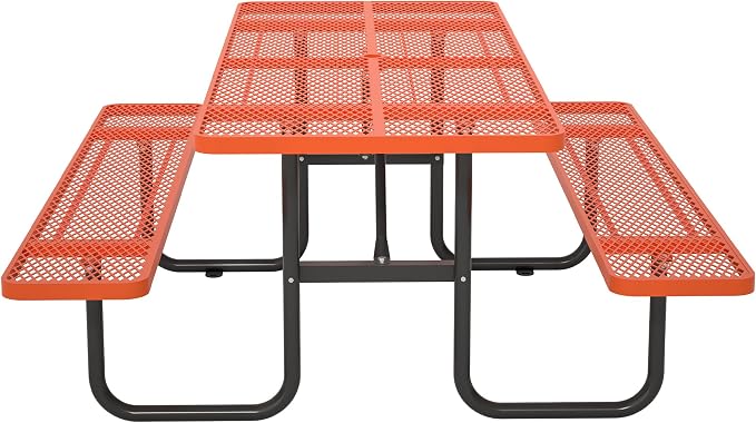 72'' Rectangular Metal Picnic Table with 1.73" Umbrella Hole, Commercial Grade Steel Mesh Table Set, Weather Resistant Sturdy, Round Corner Design for Patio, Garden, Courtyard & BBQ, Orange