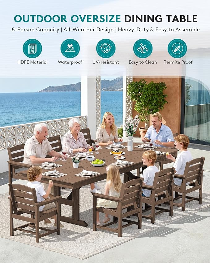 SERWALL 10 Piece Outdoor Dining Set with 15ft Triple-Head Foldable Umbrella(Based not Included), 84" HDPE Outdoor Table and Chairs for 8, Brown