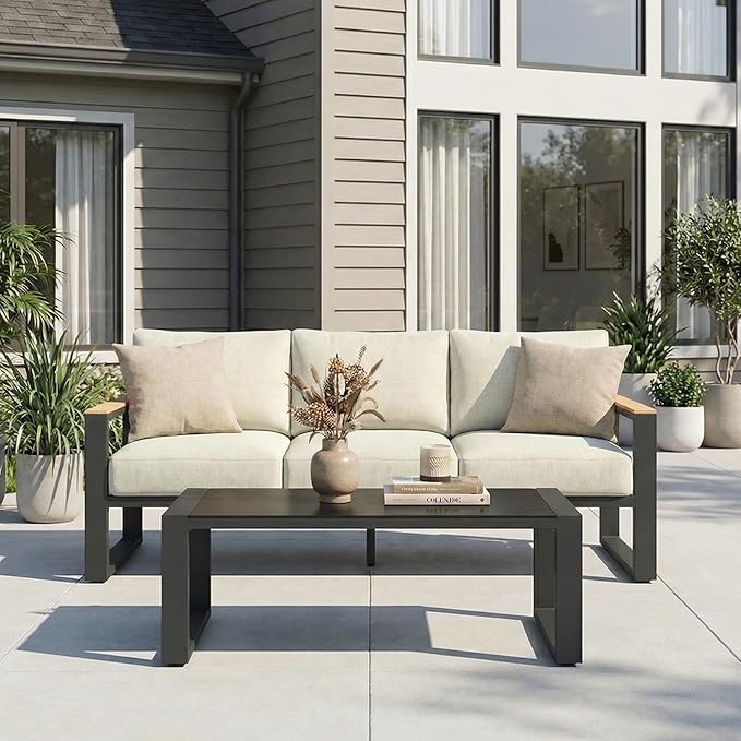 RoyalCraft Aluminum Outdoor Patio Furniture Set with Height-Adjustable Footrest, 3-Seats All-Weather Patio Sofa Sets with Coffee Table for Porch Backyard Garden Patio, Beige