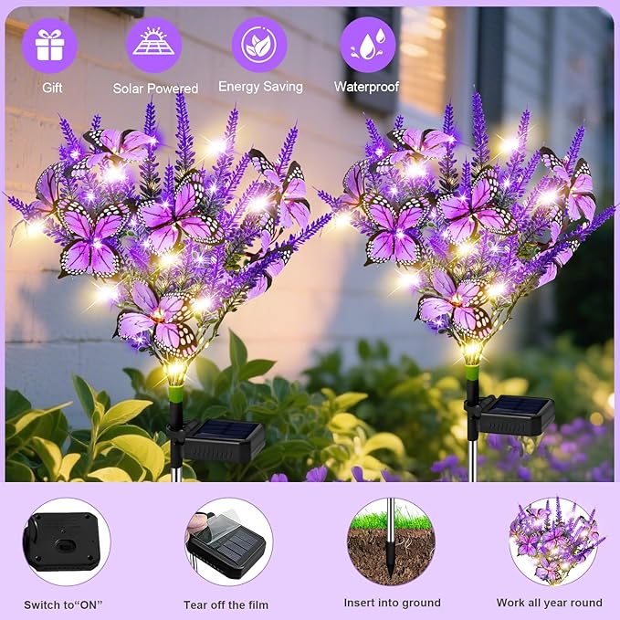NBQQ Solar Garden Lights Outdoor 4 Pack Lavender Butterfly Lights, Solar Artificial Flower Outdoor Waterproof Decoration Gardening Gifts for Women, Yard Patio Pathway Lawn Courtyard Decoration