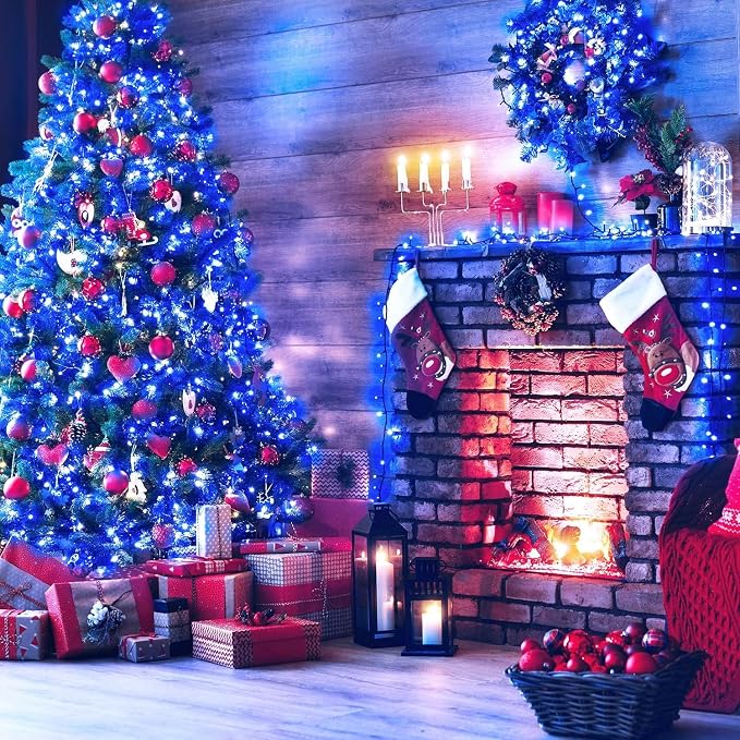 Extra Long 132ft Christmas Decorative Mini Lights, 400 LED Green Wire Fairy Starry String Lights Plug in, Timer & Memory & 8 Modes, for Indoor Outdoor Xmas Tree Wedding Party Decoration,Blue