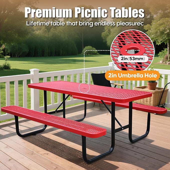 6FT Rectangular Metal Picnic Table for Outdoors, Commercial Steel Metal Picnic Tables, Heavy Duty Sturdy Picnic Tables Furniture Set for Patio Garden Courtyard BBQ, with Umbrella Hole, Red