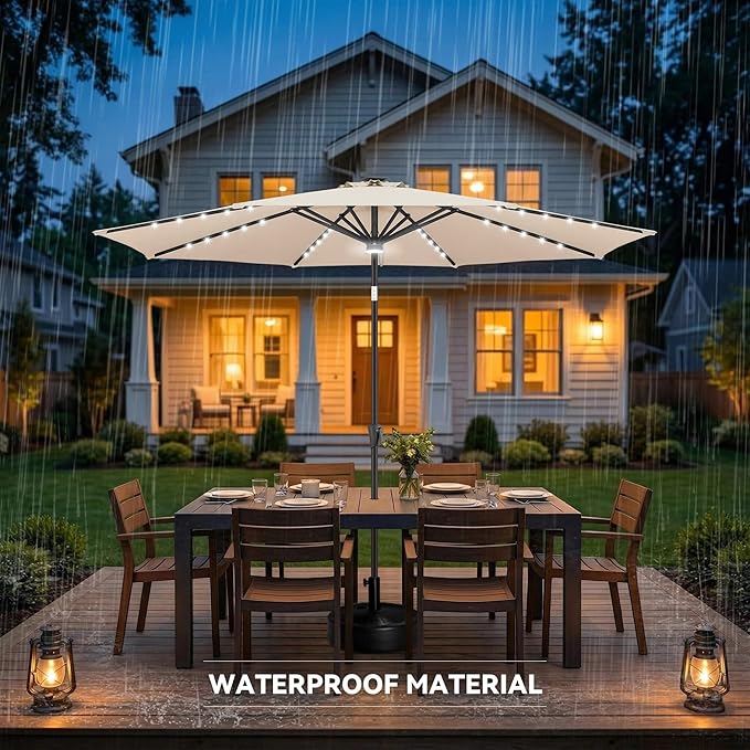 10ft Solar Umbrella Outdoor - Lighted Solar Patio Umbrella with 40 LED Lights Waterproof UV Protection, Table Umbrella with Tilt for Pool, Porch, Garden, Deck, Backyard (Beige)