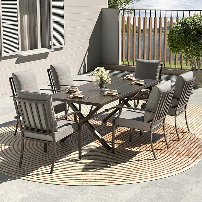 Kullavik 7 Pieces Outdoor Dining Set,Patio Dining Table and Chairs Set for 6,Fence Pattern Back Chairs with Thickened Cushions & Rectangular Metal Dining Table with Umbrella Hole for Patio,Grey