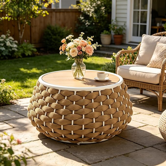 YDcosyfy Large Round Outdoor Side Table, 28 Inches Patio End Table with Removable Wood Top, Outside Coffee Table, All-Weather Metal Frame, Hollow Out Bottom Storage, for Balcony, Porch, Garden, Brown