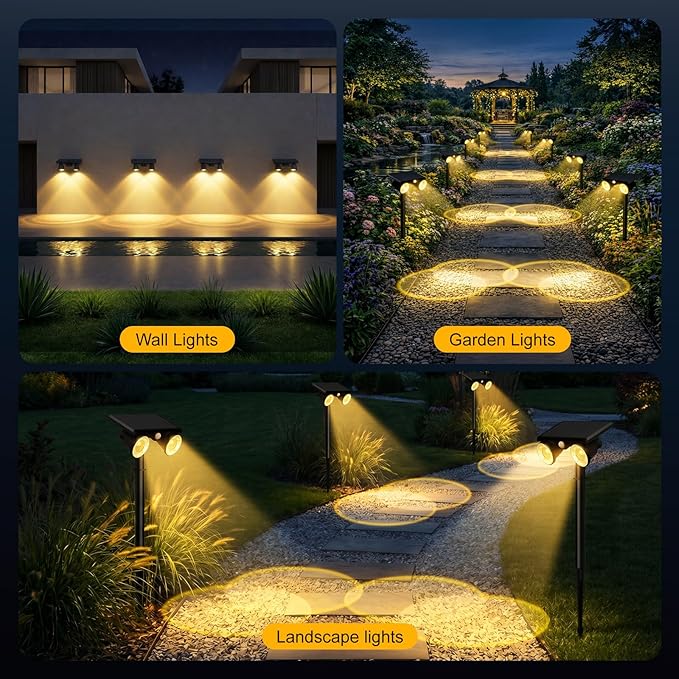 Solar Spot Lights Outdoor Waterproof 2Pack,2 Modes Motion Sensor Landscape Lighting for Outside Yard Garden Pathway,2-in-1 Wall&Spot LED Lights with 360° Adjustable Dual Heads(Warm Light)