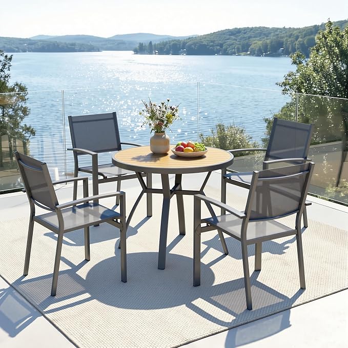 Wisteria Lane Patio Table and Chairs Set for 4, Outdoor Patio Furniture Set with Aluminum Table and Metal Textilene Chairs, All-Weather Outdoor Dining Set with HDPS Round Tabletop for Garden Porch