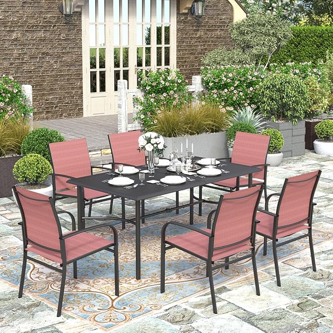 HERA'S HOUSE 7pc Outdoor Patio Dining Set, 6 Textilene Chairs, Red | 67" rectangular metal table with umbrella hole. Waterproof, rust-resistant, all-weather for backyard, porch
