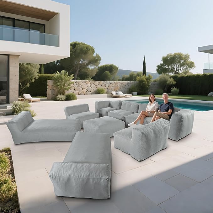 Patio Furniture Set, 9 Pcs Outdoor Conversation Set with Bean Bag Middle Chairs, Corner Chair, Ottomans, Modern Foam Couch Set for Garden, Deck, Balcony (9, Light Gray)