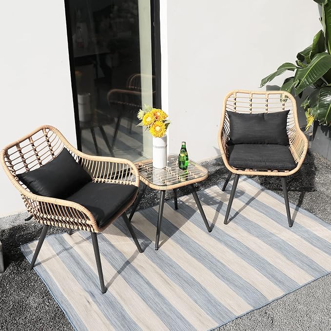 JOIVI 3-Piece Patio Set, Outdoor Wicker Conversation Bistro Sets for Porch, Backyard with Square Glass Top Coffee Table, Cushions and Lumbar Pillows