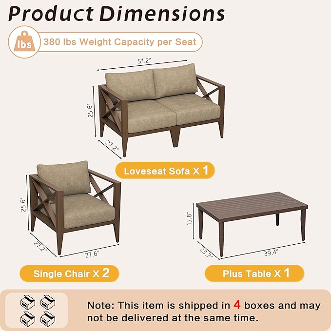 5-Piece Aluminum Patio Furniture Set, Oversized Outdoor Conversation Sofa Set with Coffee Table, Brown All-Weather Deep Seating, Rust-Proof Frame for Backyard, Deck, Porch, or Balcony