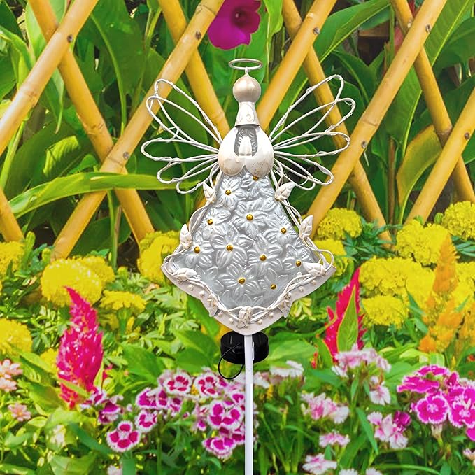 COOZZYHOUR 38Inch Angel Solar Lights Outdoor Decorative-Metal&Glass Angel Hydrangea Flower Garden Stake Lawn Light- Waterproof 30 Warm White LED for Remembrance Gifts & Grave Decorations (White)