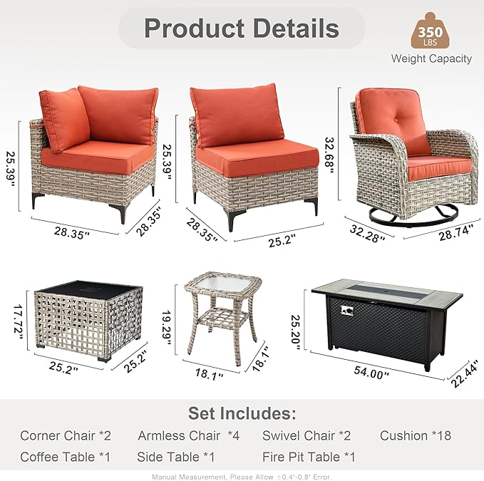 HOOOWOOO Outdoor Patio Furniture Set with Fire Pit Table,11 Pieces Wicker Out Door Sectional Furniture L Shaped Couch,Outside Patio Conversation Sets Swivel Chair,Orange Red