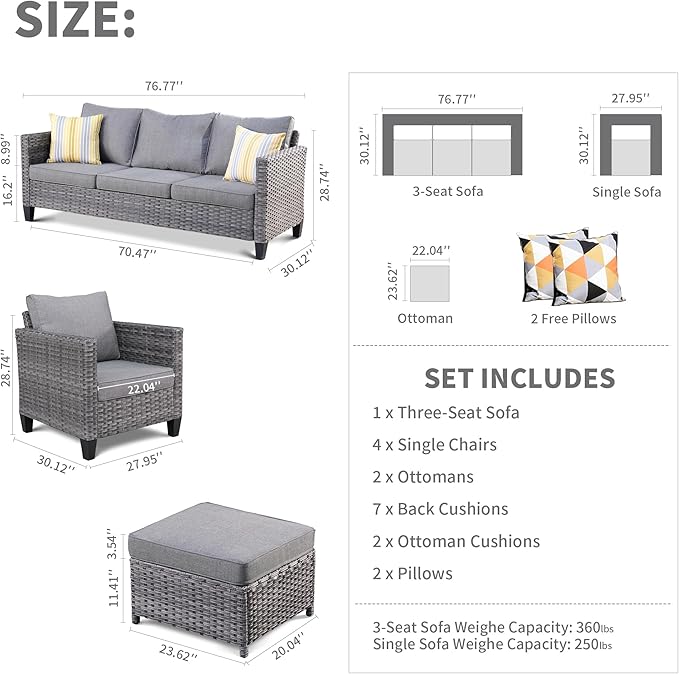 HOOOWOOO 7-Piece Patio Furniture Set–Stylish,Comfortable Outdoor Rattan Sofa Set with 4 Chairs,2 Ottoamns,Weather-Resistant Patio Conversation Set for Deck,Garden,Balcony (Dark Grey)