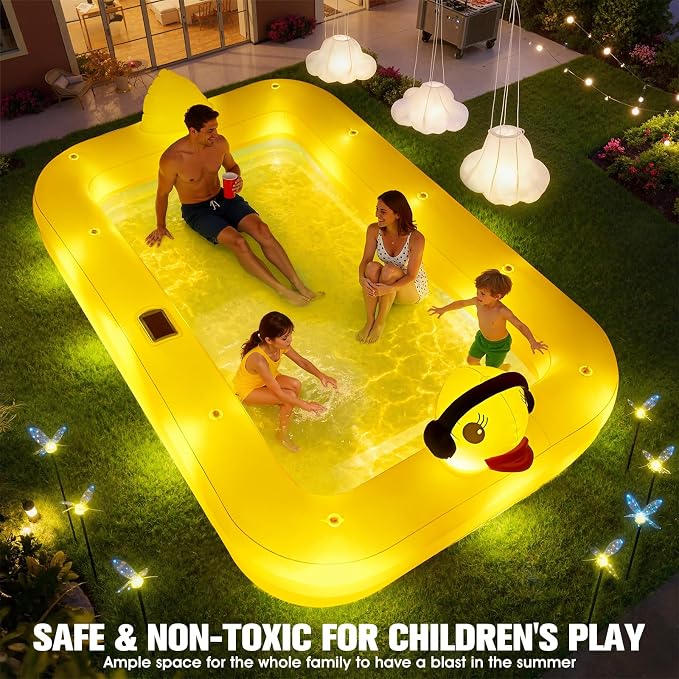 FizZeal Inflatable Pool with Lights,Solar Duck Inflatable Swimming Pool for Kid,Blow Up Pool for Adults,Large Inflatable Kiddie Pool,Durable Thickened Family Inflatable Kid Pool for Backyard 100*63*22