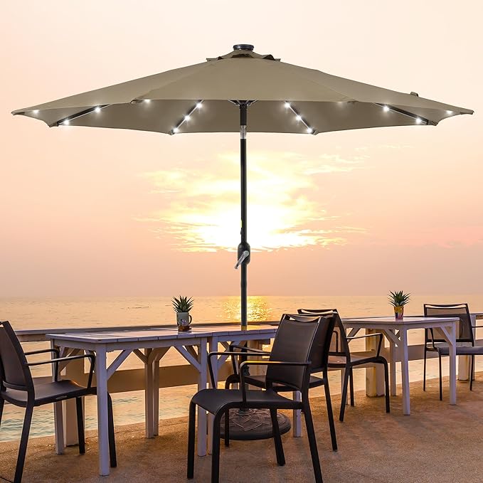 9ft Patio Umbrella Outdoor with Solar Lights,32 LED Lighted Table Market Umbrella with Tilt and Crank, 2-Year-Non-Fading, 8 Sturdy Ribs,for Pool, Deck, Garden,Backyard