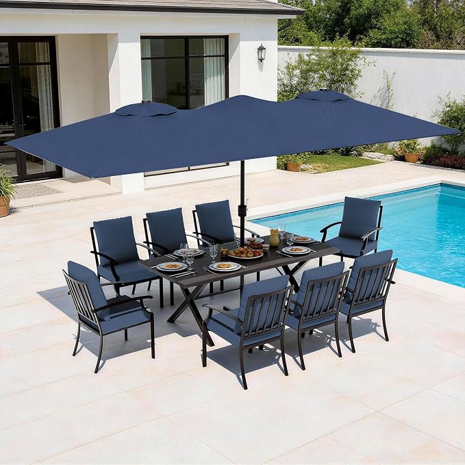 10 Piece Outdoor Dining Set for 8, Patio Table and Chairs Set with Umbrella, Metal Patio Furniture Set with 8 Stackable Chairs, Outdoor Table and Chairs with Cushions for Lawn, Garden, Yard-Navy