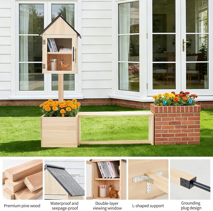 Little Library Box Outdoor with Bench & Planter, 3-in-1 Solid Pine Wood Community Book Exchange Box, Outdoor Neighborhood Library Station with Ground Stakes for School, Garden, Park & Patio