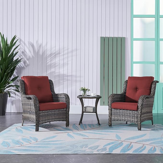 Rilyson Patio Furniture Chairs Outdoor Chair - 2 Piece Wicker Rattan Chairs Set with High Back and Deep Seating for Deck Porch Balcony Backyard Garden(Mixed Grey/Red)