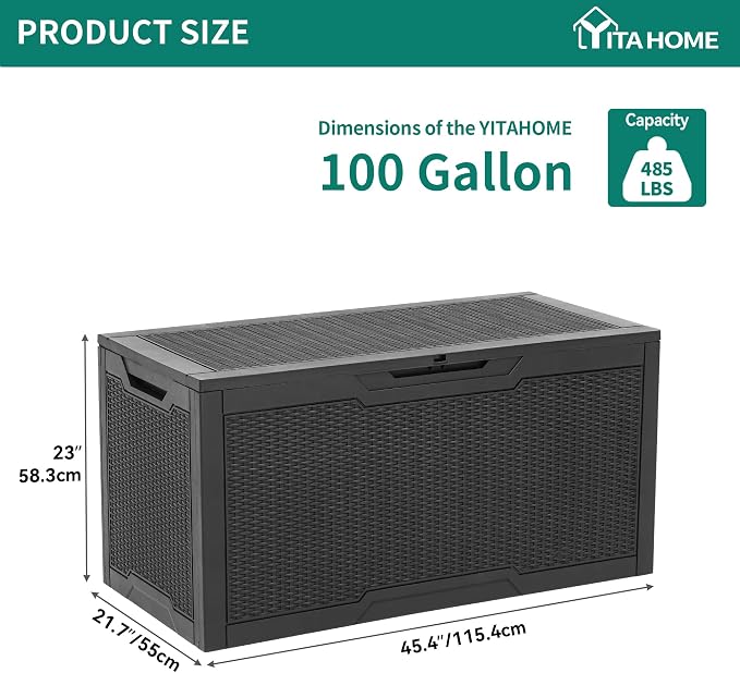 YITAHOME 100 Gallon Large Deck Box, Outdoor Resin Storage Boxes for Patio Furniture, Outdoor Cushions, Garden Tools, Water Resistant and Lockable