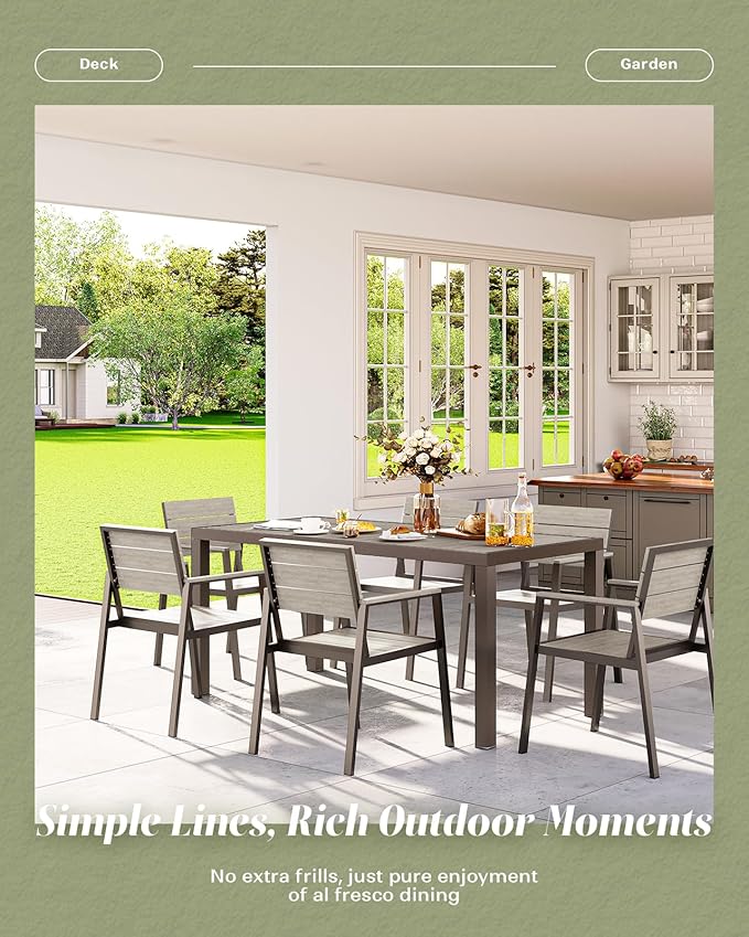 Vexwalx 7-Piece Outdoor Dining Set, Aluminum Dining Table Set for 6, Patio Table and Chairs Set with Umbrella Hole, All Weather HDPS Outdoor Table and Chairs for 6 (Gray)