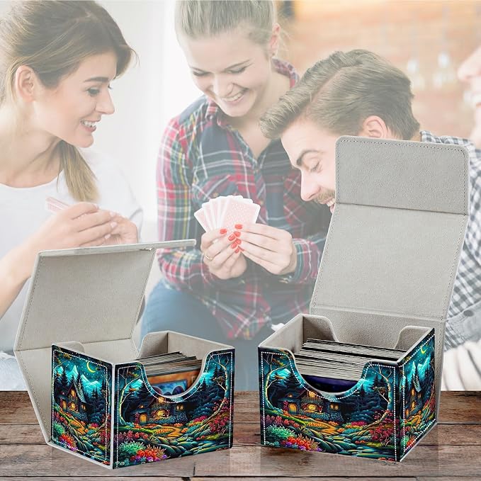 Card Deck Box for MTG, Cards Storage Box Fits 120+ Sleeved, Leather Small Size Strong Magnetic Closing Card Case for Board Games Magic TCG CCG Baseball Collection, Creek Chateau