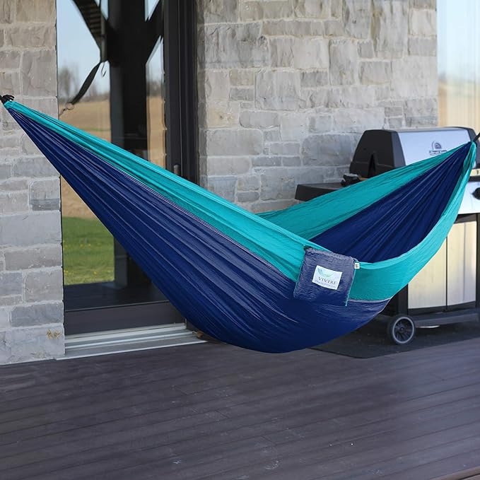 Vivere Double Parachute Camping Hammock, Includes Stuff-Sack (Navy/Turquoise)
