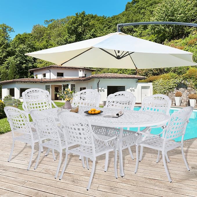 9-Piece Patio Dining Set, Outdoor Patio Table and Chair Set of 84” Oval Cast Aluminum Dining Table with Umbrella Hole and 8 Outdoor Dining Chairs, Patio Funiture Set, White