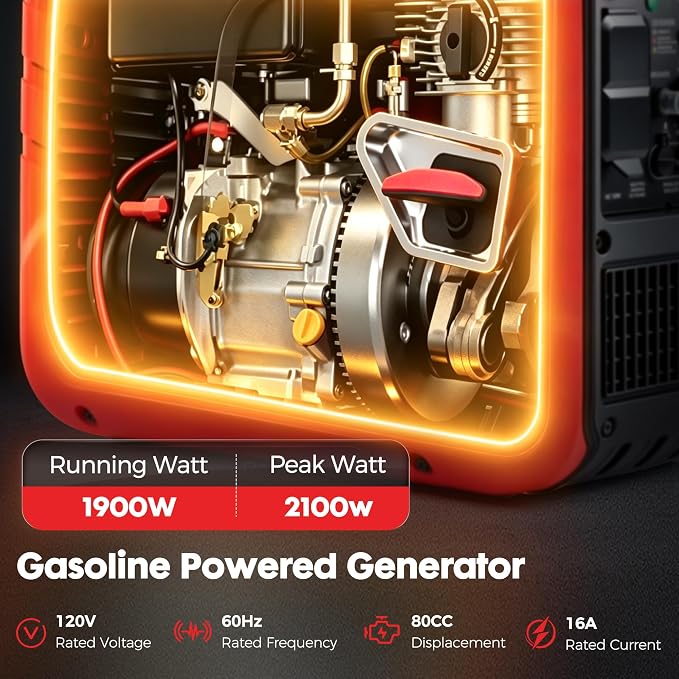 2000 Watt Generator Inverter Portable, RV Camping Garage Workshop 2000W Gas Generator Quiet CO Shutoff Eco Mode Lightweight Pure Sine Wave, Emergency Backup Tailgating Woodworking Outage Blackout
