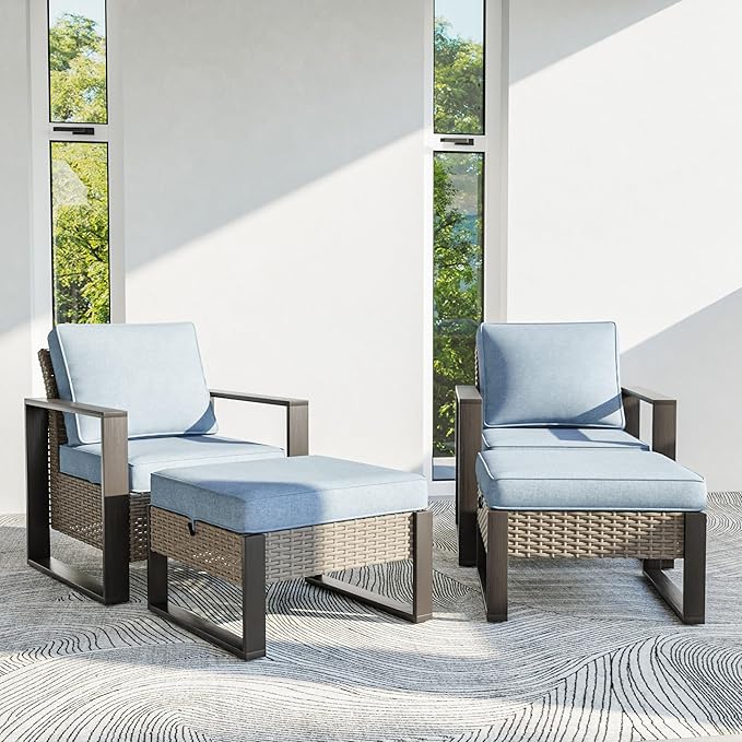 4 Piece Patio Furniture Set, Outdoor Wicker Chair and Ottoman, Metal Patio Furniture with Deep Seating, Thicken Cushions for Deck, Porch, Yard Use (Azure, 4 PCS/Chairs)