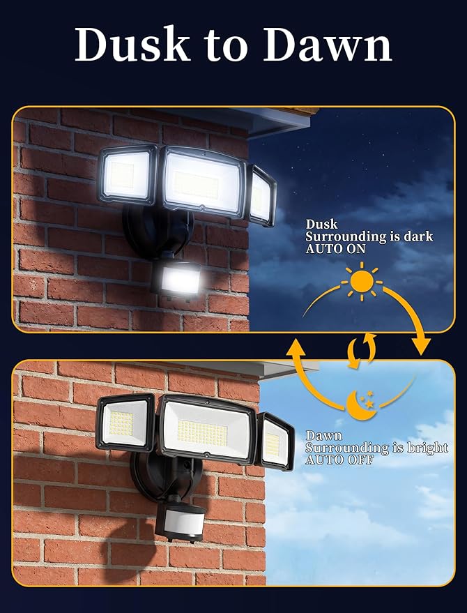 100W 11000LM Security Lights Outdoor with Remote Control, 6500K Daylight LED Flood Light, IP66 Waterproof, Dusk to Dawn Outdoor Lighting, 3 Head Motion Detected Outdoor Lights for Garage, Yard