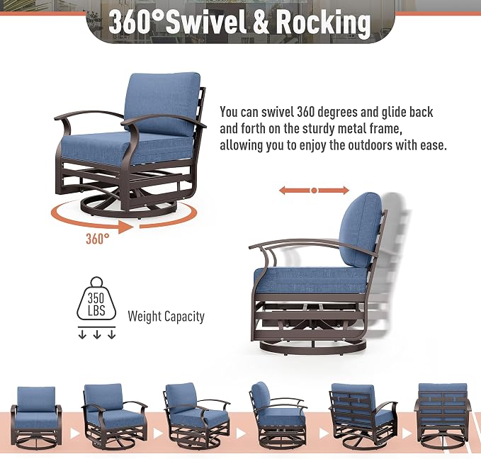 Kurapika Aluminum Patio Furniture Set 10-Seat Modern Metal Outdoor Conversation Sets w/Swivel Rocking Chairs Patio Sectional Sofa w/5.1 Inch Cushion, Navy Blue
