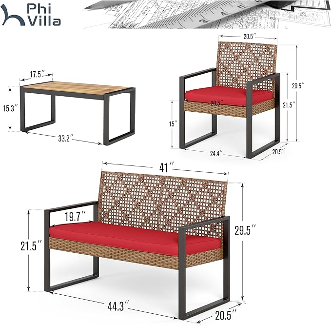 PHI VILLA Patio Wicker Furniture Set for 4, Brown Rattan Loveseat & Chairs with Red Cushions & Acacia Wood Coffee Table, Outdoor Modern Conversation Sofa Set for Deck, Yard, Porch