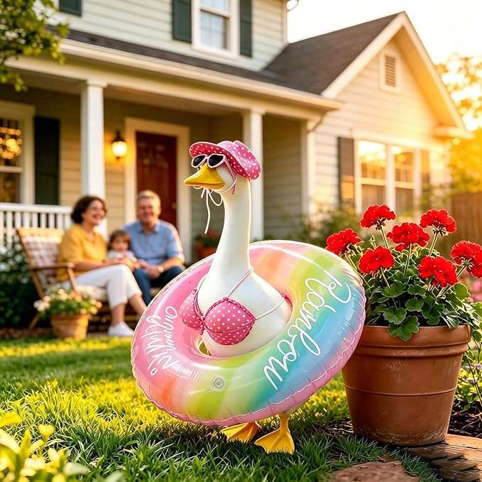 Bikini Porch Goose Outfits,Porch Goose Summer Outfits Swimsuit with Hat Sunglasses & Swim Ring,Fit 23'' Lawn Goose Statue for Summer Outdoor Garden Lawn Yard Decor (Swimsuit-red)