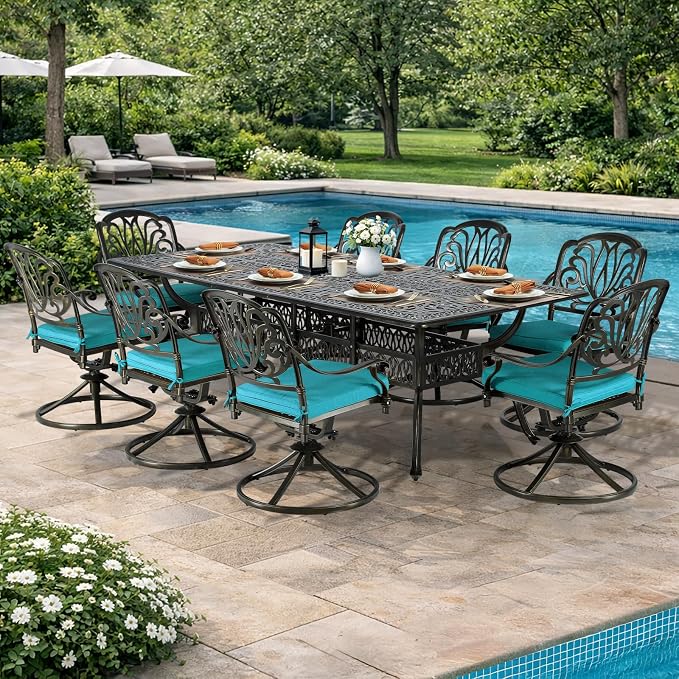 VIVIJASON 9-Piece Outdoor Dining Set, Cast Aluminum Retro Patio Furniture Table and Chairs Set for 8, Include 94.5" Rectangular Table and 8 Swivel Rocker Chairs with Umbrella Hole, Ocean Blue Cushion